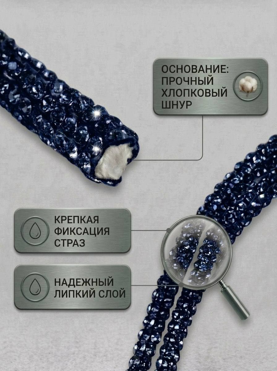Стразовый шнур со стразами для рукоделия 4 мм, 50 м, темно-синий 025