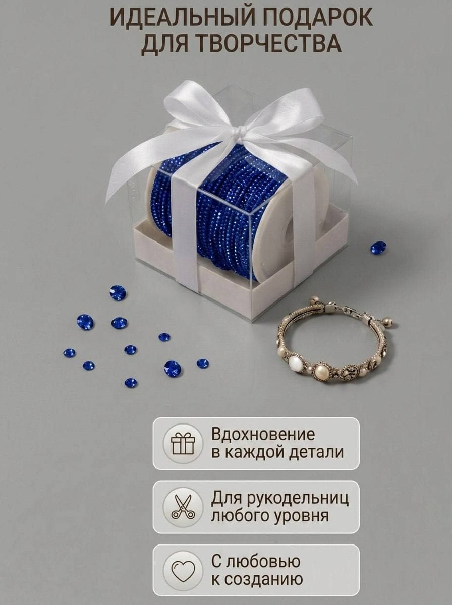 Стразовый шнур со стразами для рукоделия 4 мм, 50 м, синий 011