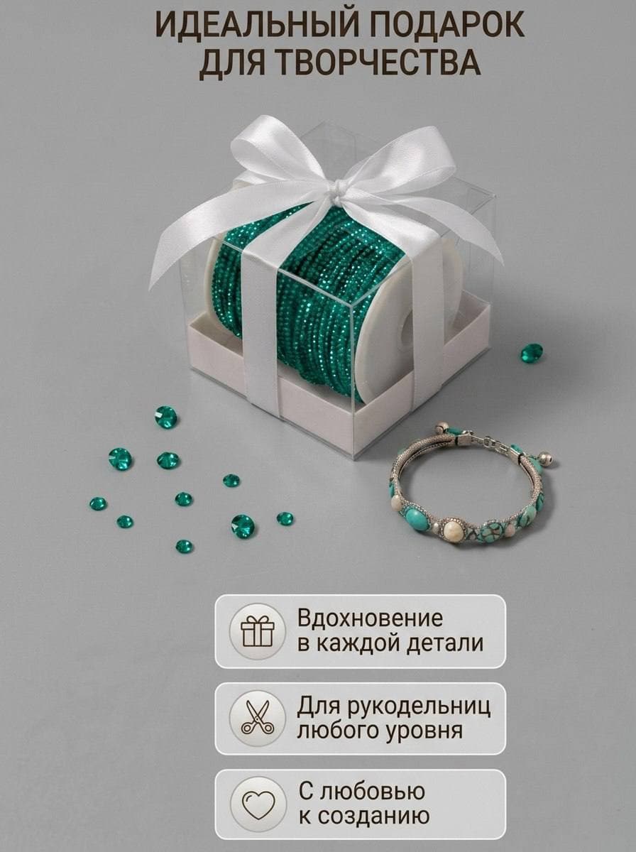 Стразовый шнур со стразами для рукоделия 4 мм, 50 м, ярко-бирюзовый 026