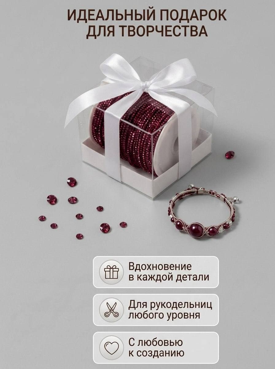 Стразовый шнур со стразами для рукоделия 4 мм, 50 м, бордовый 029