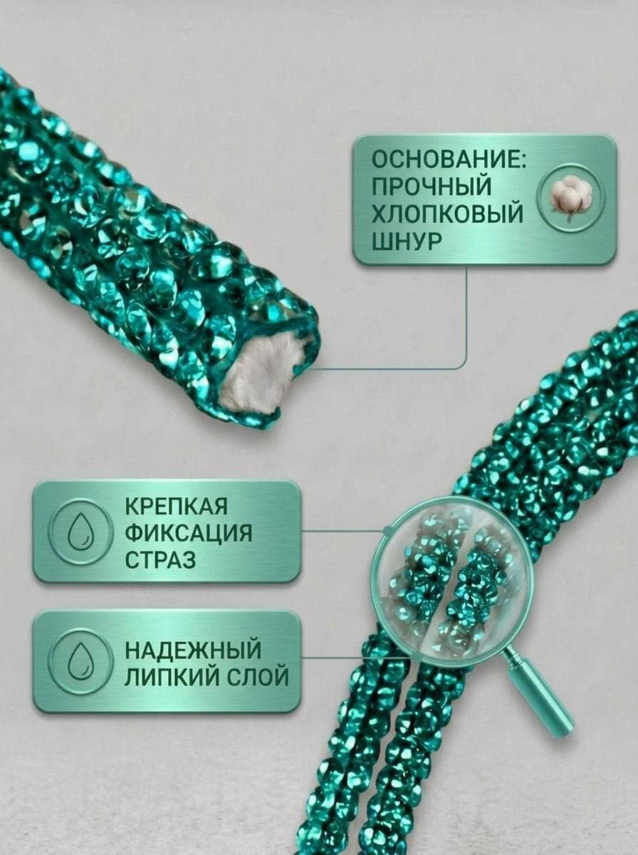 Стразовый шнур со стразами для рукоделия 4 мм, 50 м, ярко-бирюзовый 026