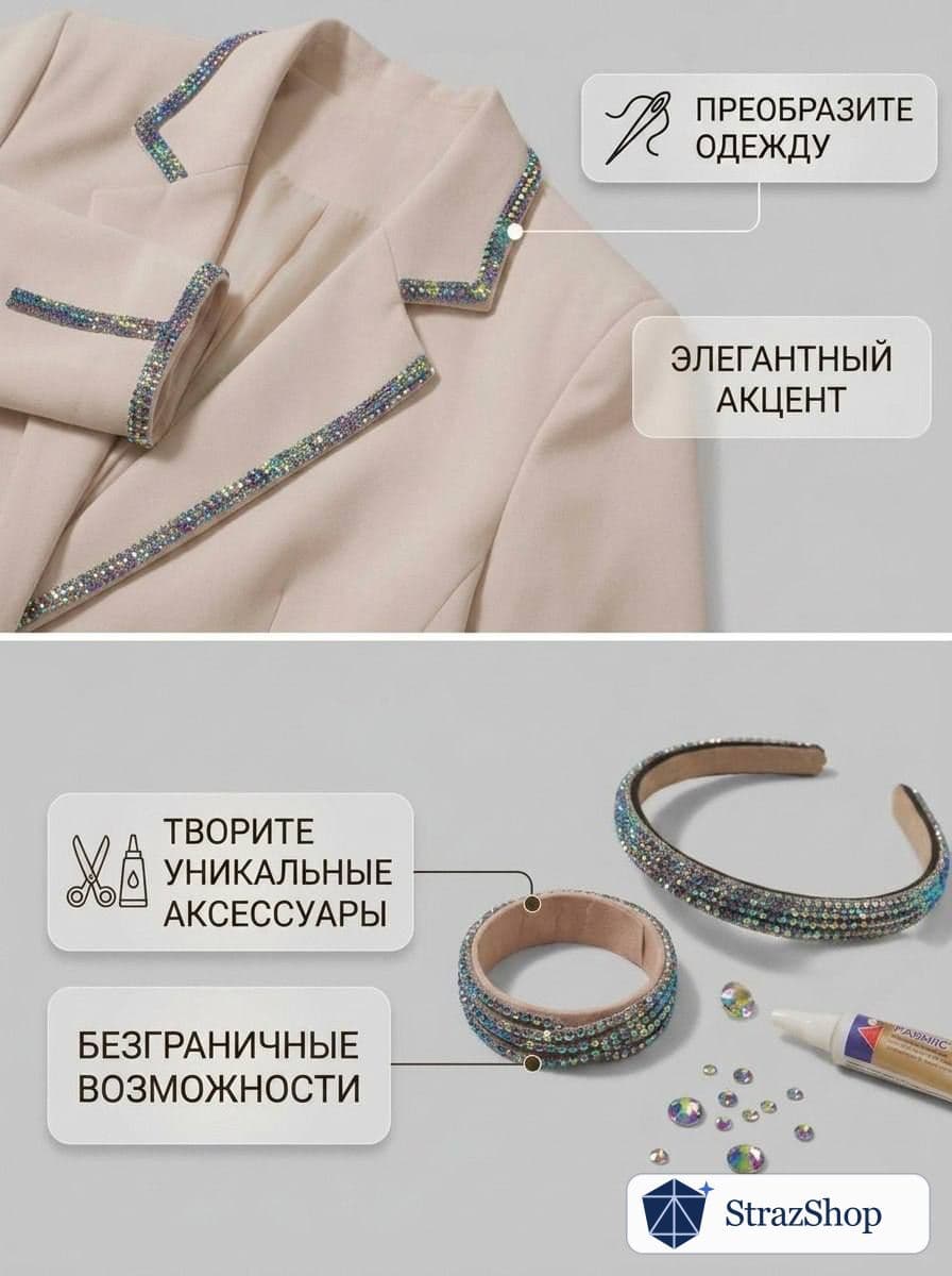 Стразовый шнур, серебряный хамелеон, 50 м