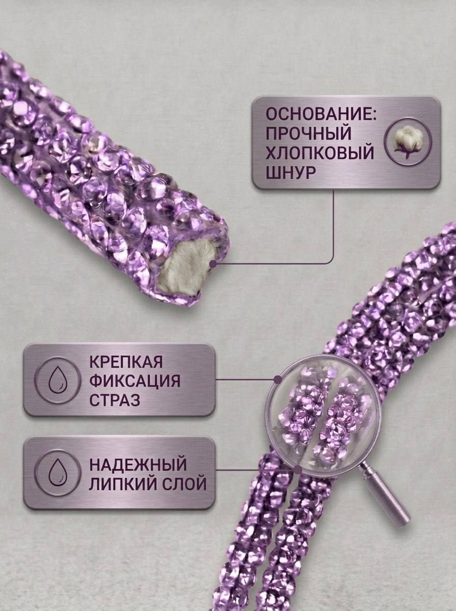 Стразовый шнур со стразами для рукоделия 4 мм, 50 м, сиреневый 018