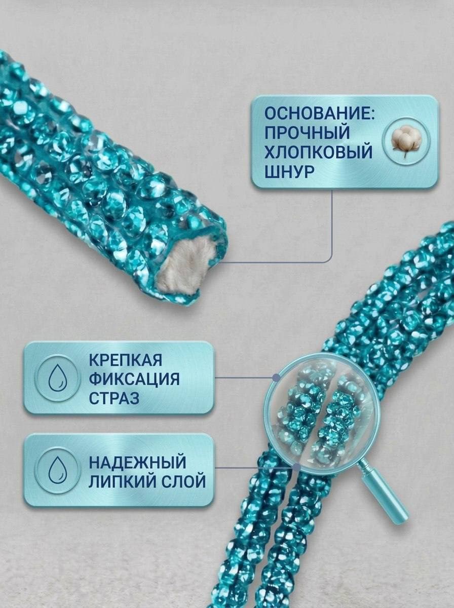 Стразовый шнур со стразами для рукоделия 4 мм, 50 м, светло-бирюзовый 012