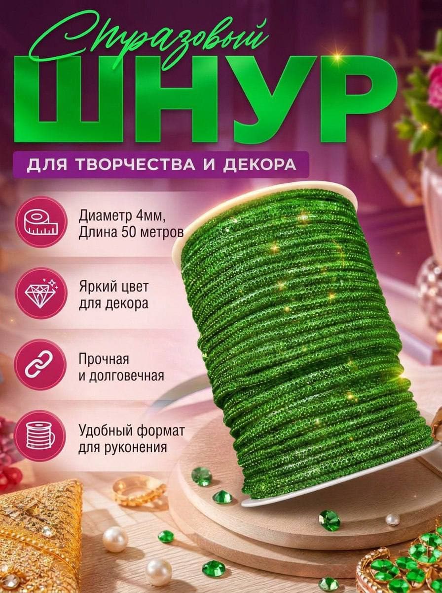 Стразовый шнур, светло-зелёный, 50 м