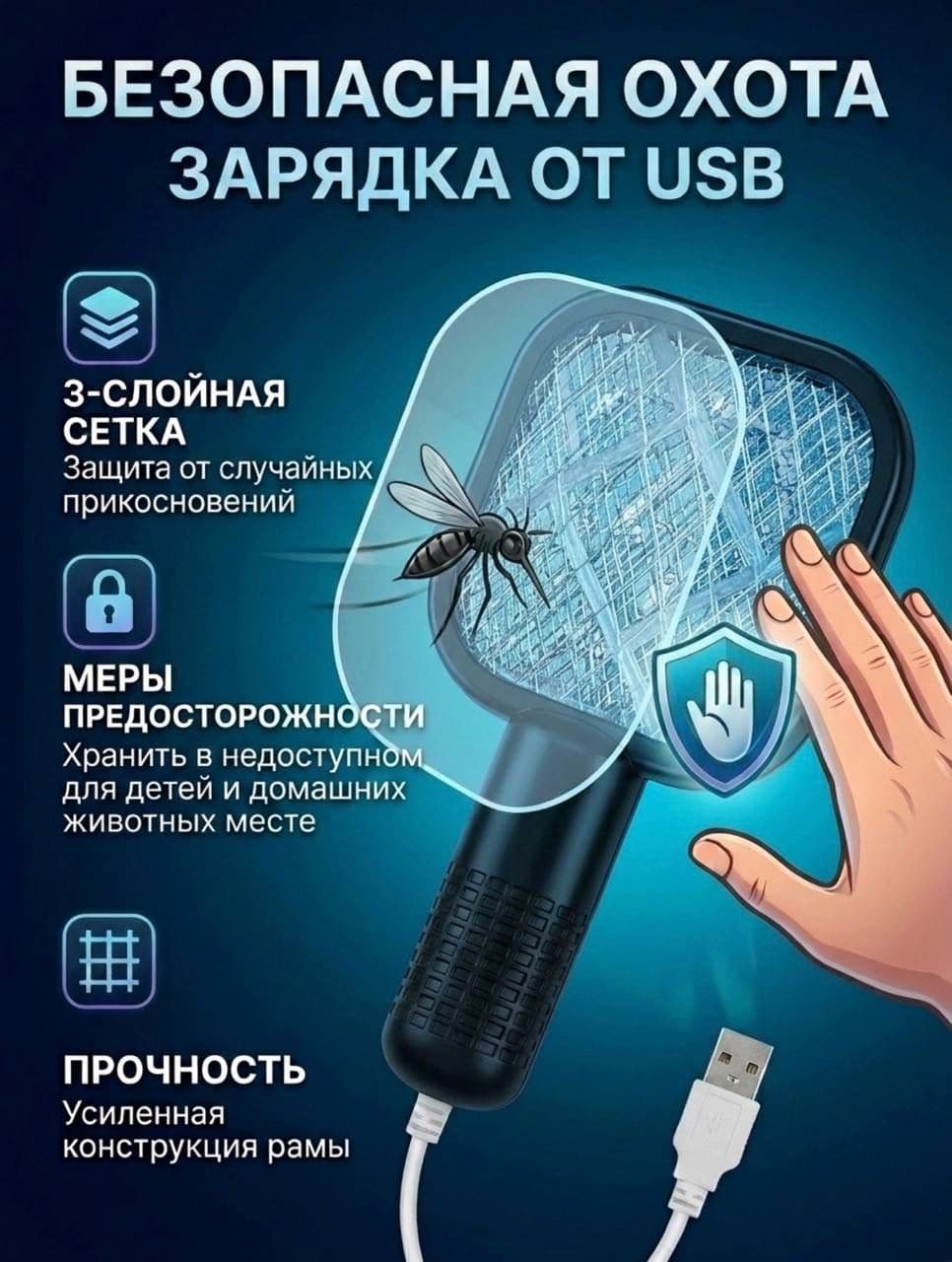 Электрическая мухобойка 2 в 1 с USB-зарядкой, чёрная