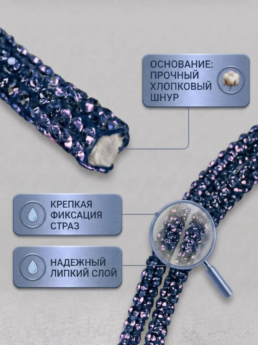 Стразовый шнур со стразами для рукоделия 4 мм, 50 м, светло-синий 014