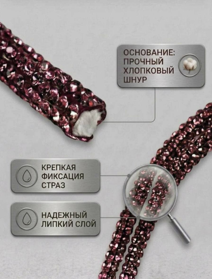 Стразовый шнур со стразами для рукоделия 4 мм, 50 м, темно-фиолетовый 019