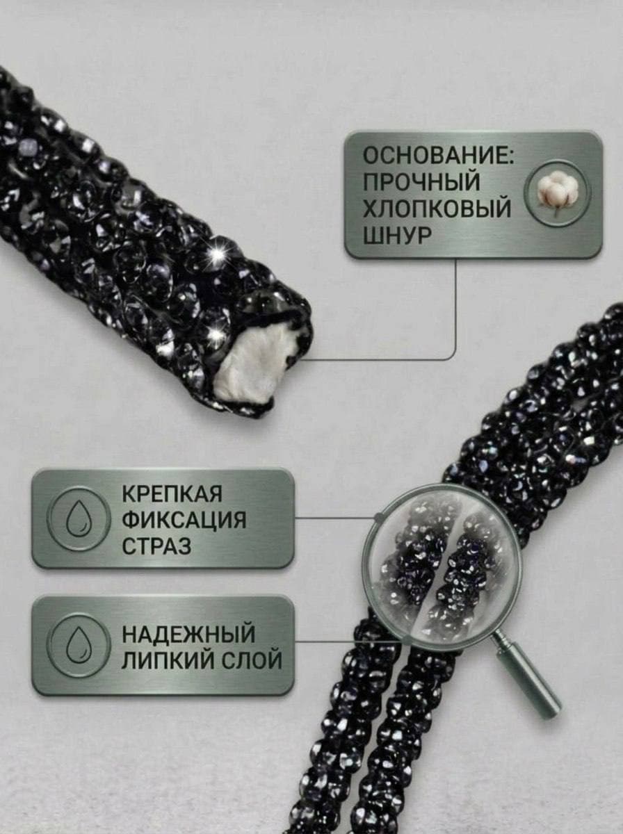 Стразовый шнур со стразами для рукоделия 4 мм, 50 м, черный 021
