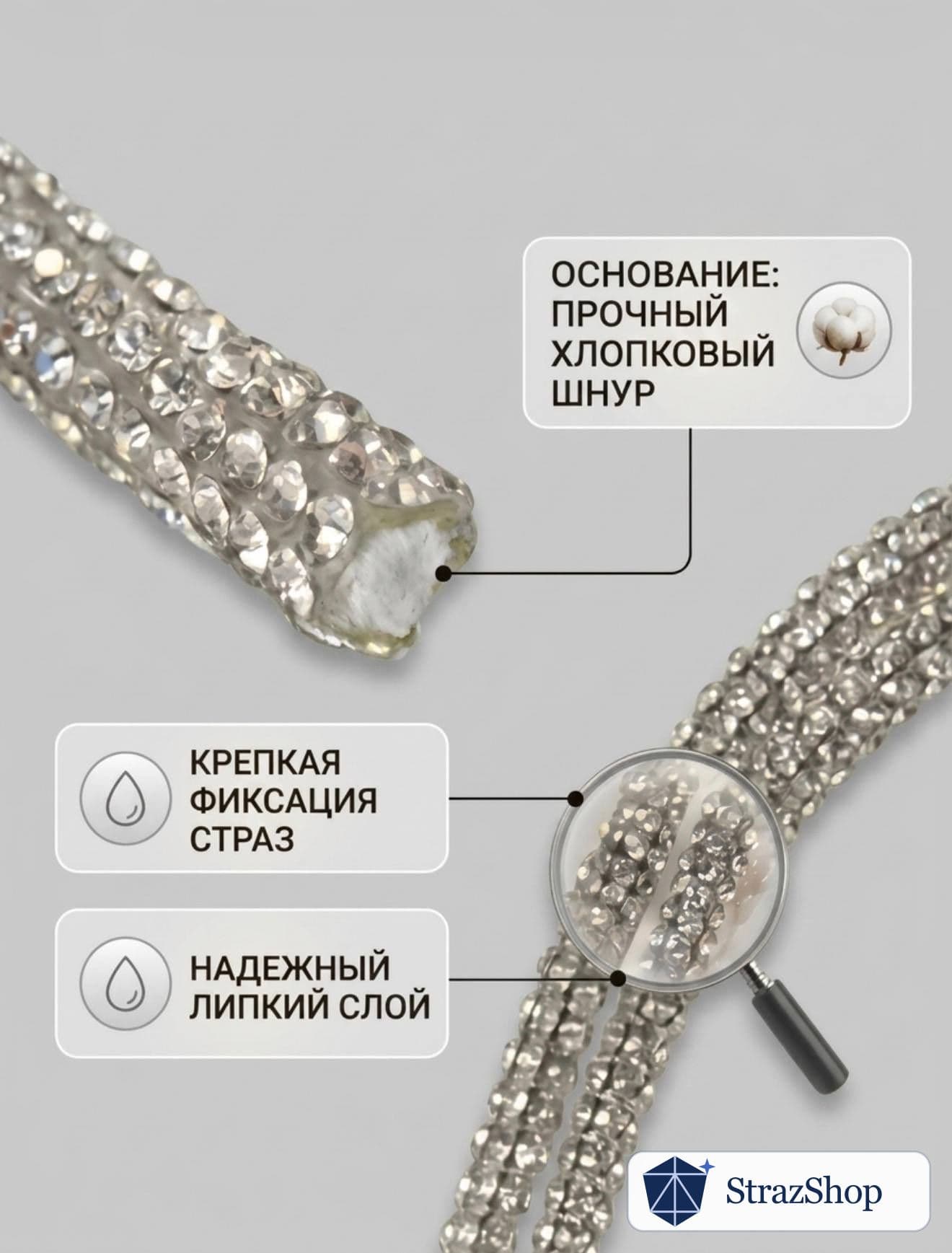Стразовый шнур, серебряный, 10 м