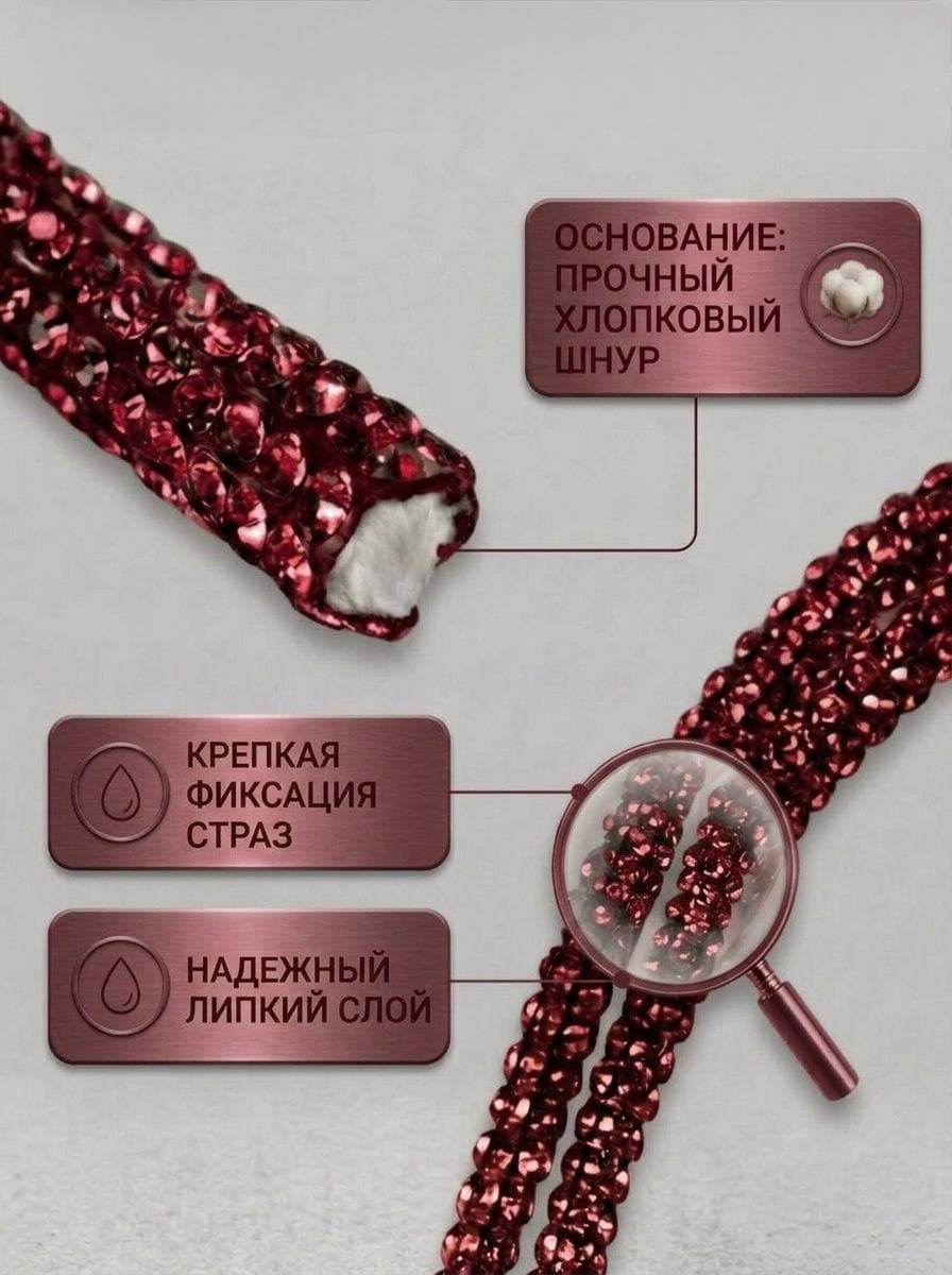 Стразовый шнур со стразами для рукоделия 4 мм, 50 м, бордовый 029
