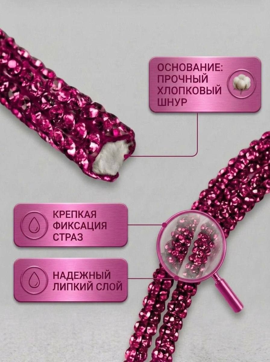 Стразовый шнур со стразами для рукоделия 4 мм, 50 м, ярко-розовый 033