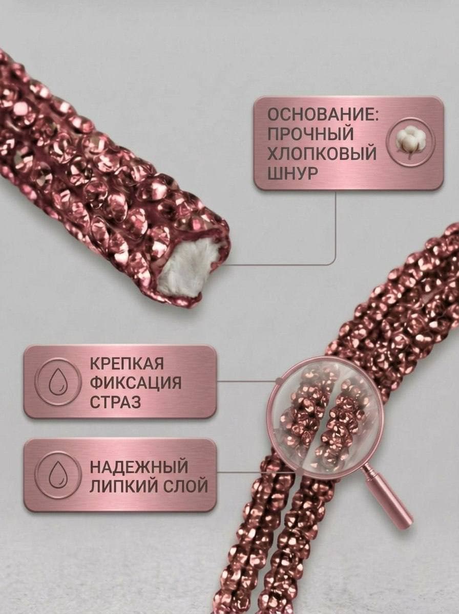 Стразовый шнур со стразами для рукоделия 4 мм, 50 м, пыльно-розовый 016