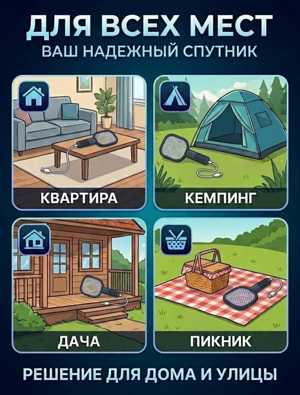 Электрическая мухобойка 2 в 1 с USB-зарядкой, чёрная
