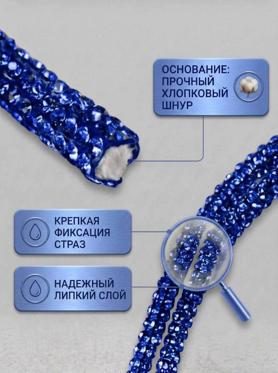 Стразовый шнур со стразами для рукоделия 4 мм, 50 м, синий 011