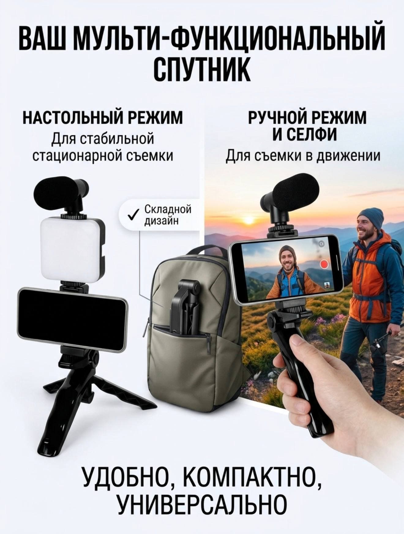 Стабилизатор для смартфона с подсветкой и микрофоном
