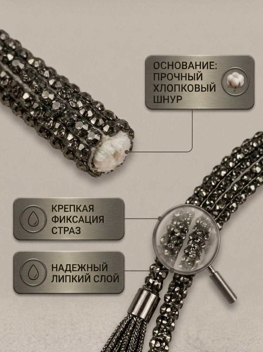 Стразовый шнур со стразами для рукоделия 4 мм, 50 м, песчаный металл 030