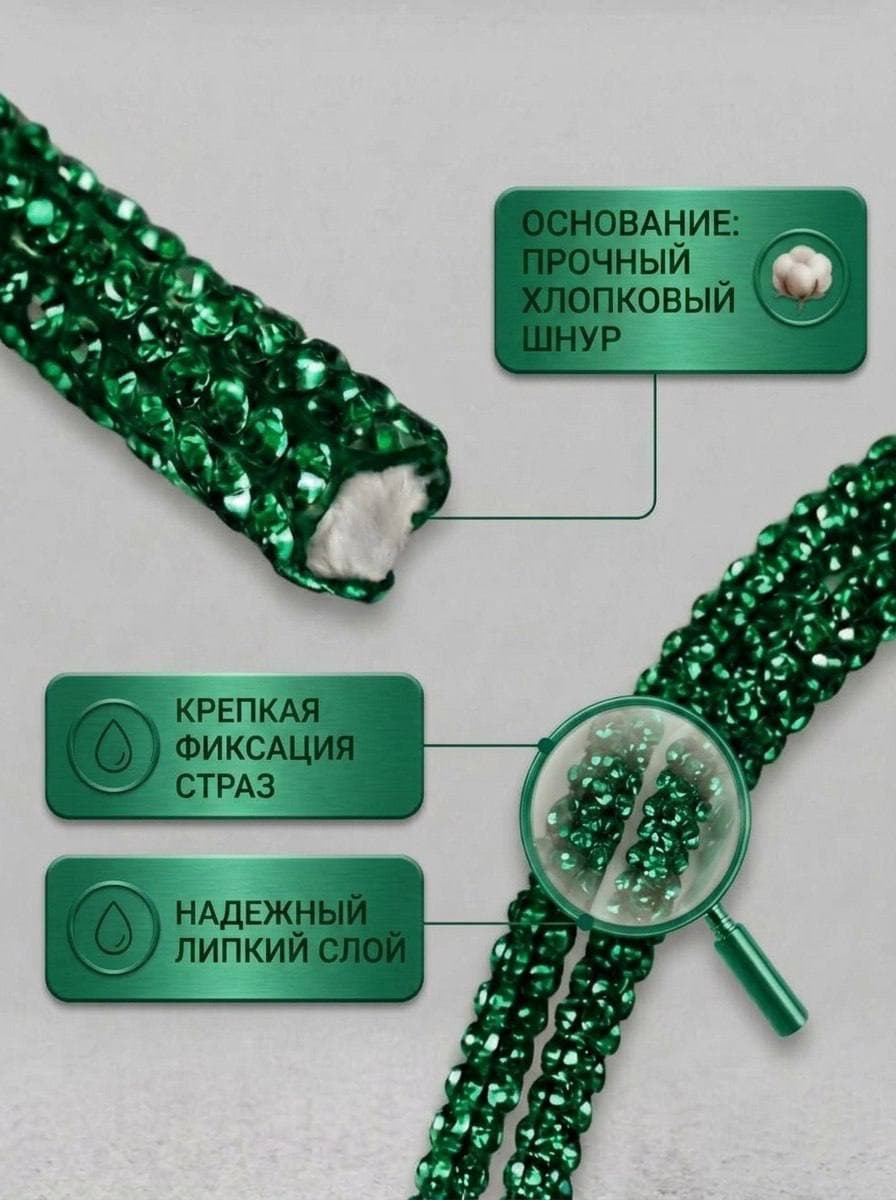 Стразовый шнур со стразами для рукоделия 4 мм, 50 м, темно-зеленый 028