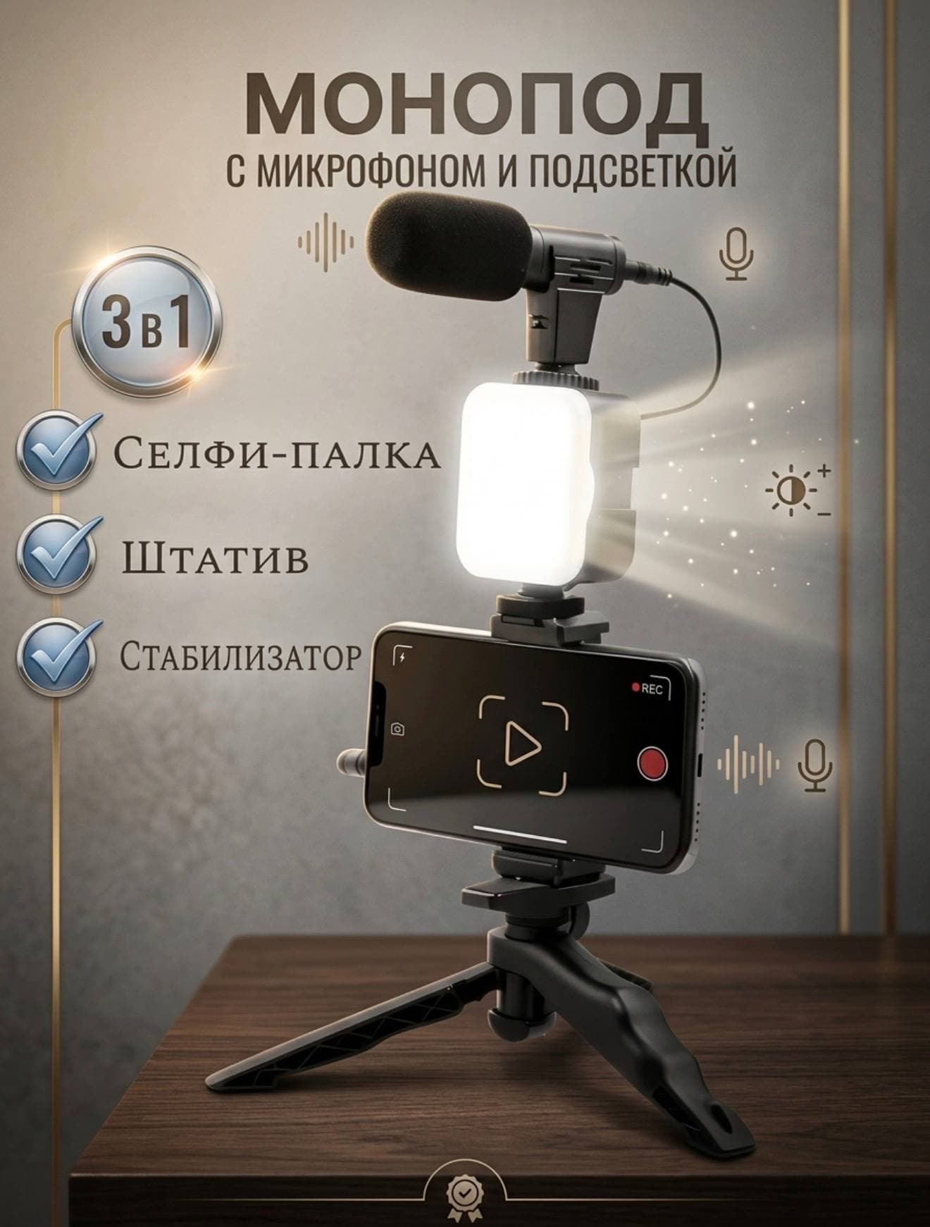 Стабилизатор для смартфона с подсветкой и микрофоном