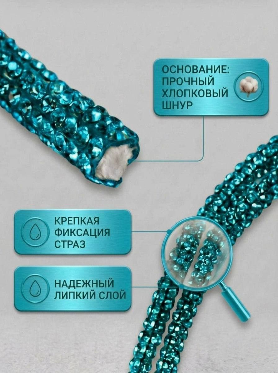 Стразовый шнур со стразами для рукоделия 4 мм, 50 м, бирюзовый 013