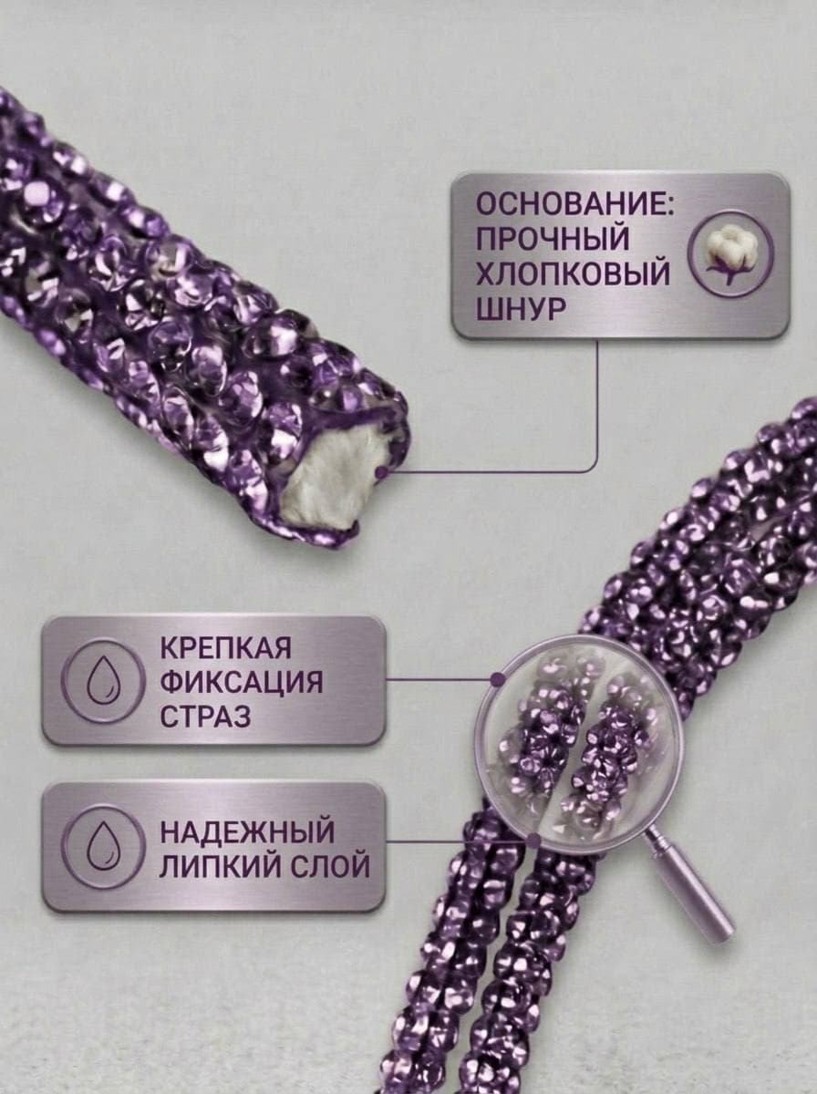 Стразовый шнур со стразами для рукоделия 4 мм, 50 м, фиолетовый 017